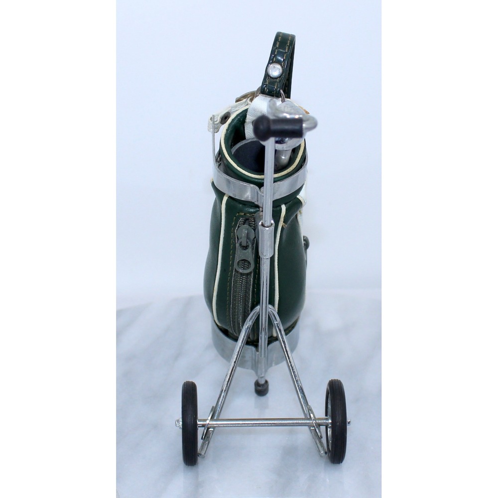 Vintage Miniature Golf Bag Desk Pen Holder Set Green White Chrome Pull Cart - Picture 2 of 5